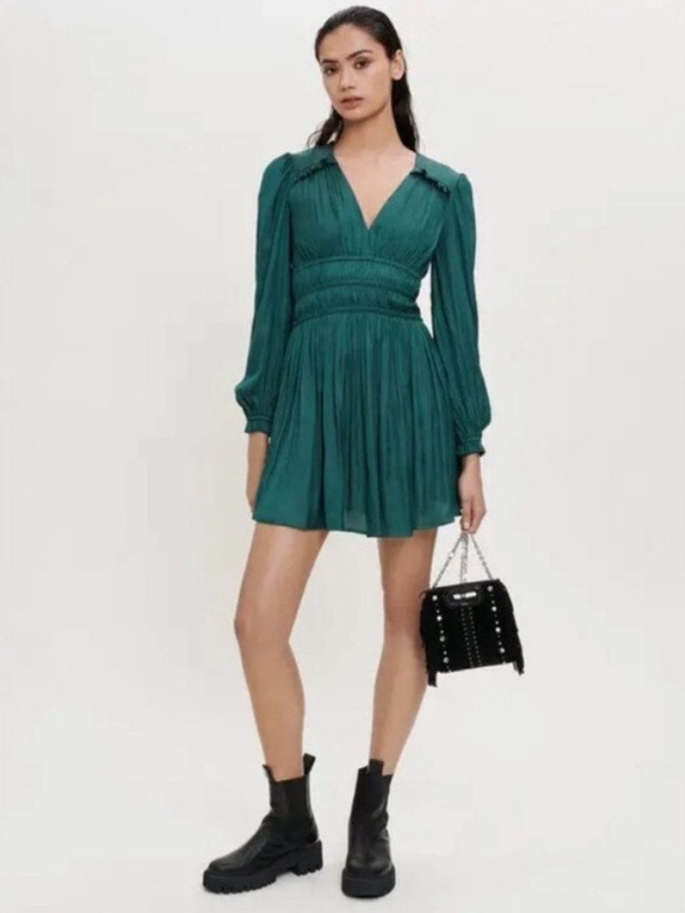 Maje Satin Dress With Ruffles In Emerald Green